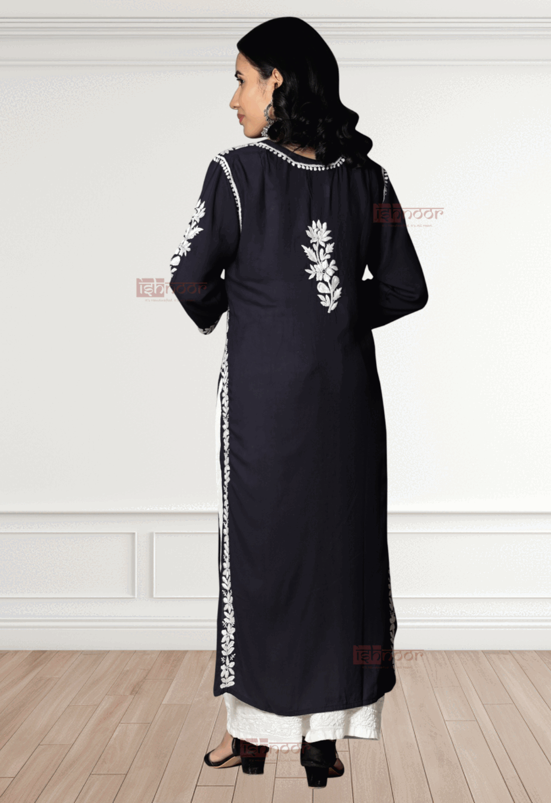 Noor Premium Modal Chikankari Kurti - navy-blue