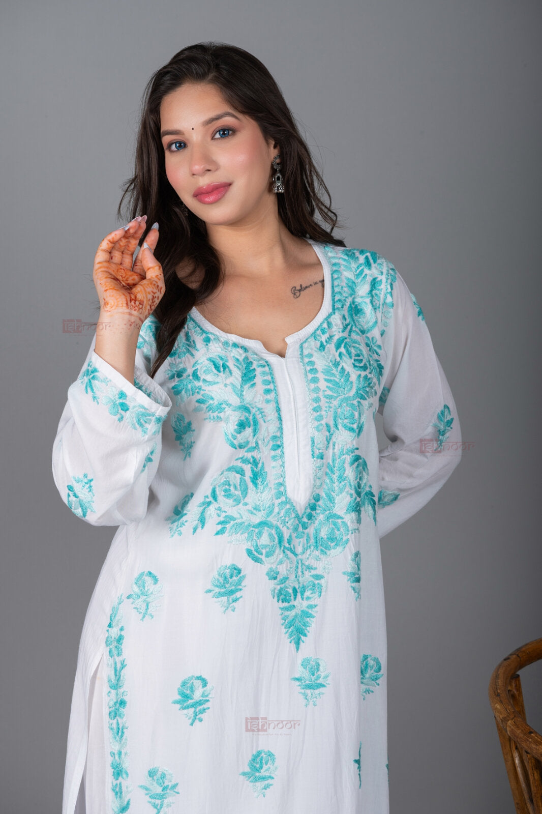 Meher Premium Modal Chikankari Kurti - aqua-blue