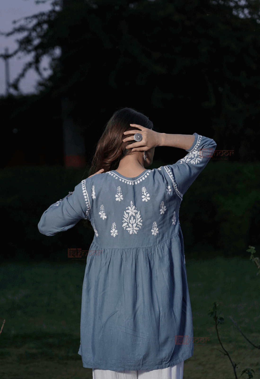 Falak Rayon Chikankari Angrakha Short Kurti 2 - slate-blue
