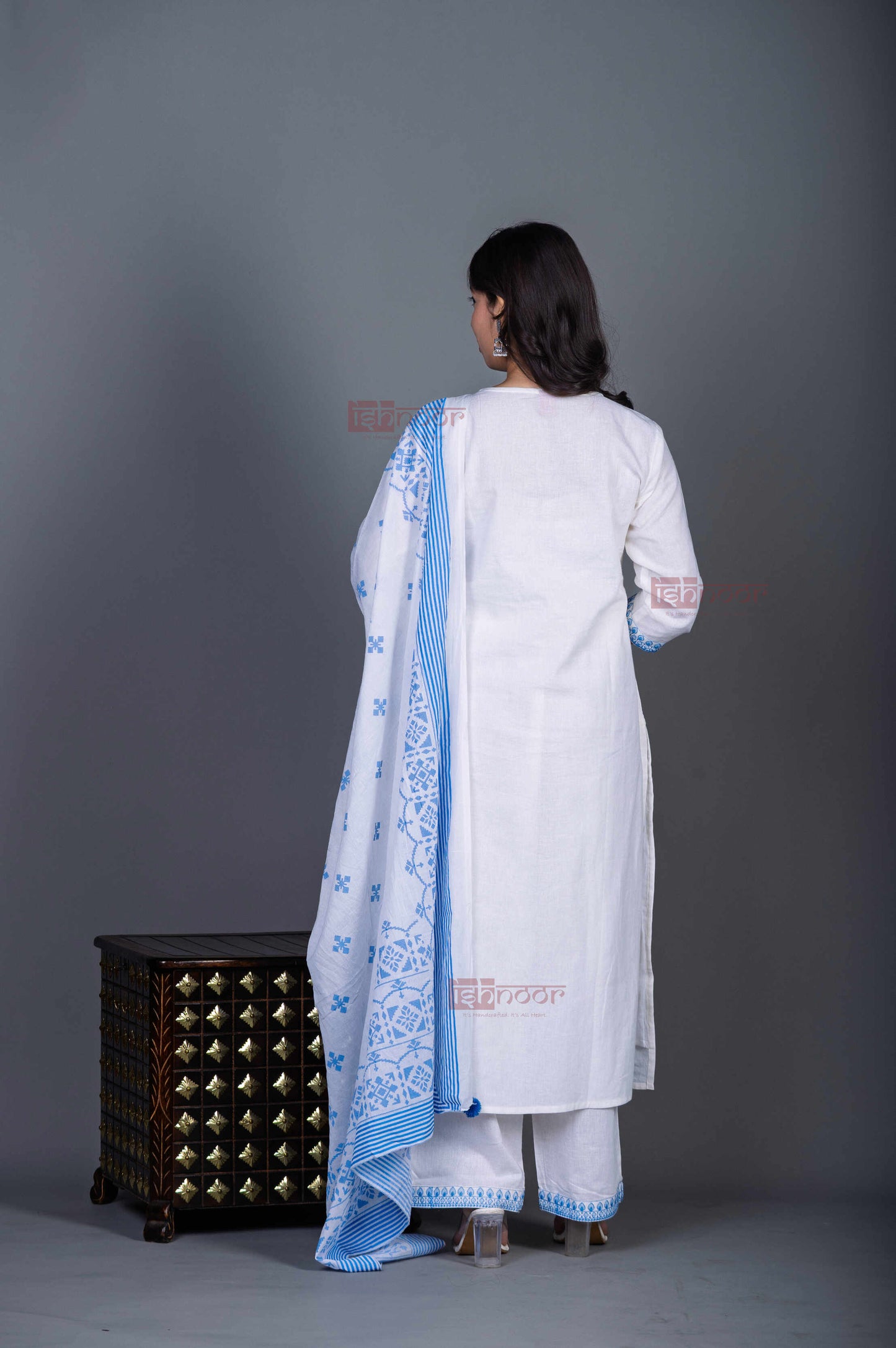 Saanjh 3 Piece Stitched Suit Set with Dupatta - white
