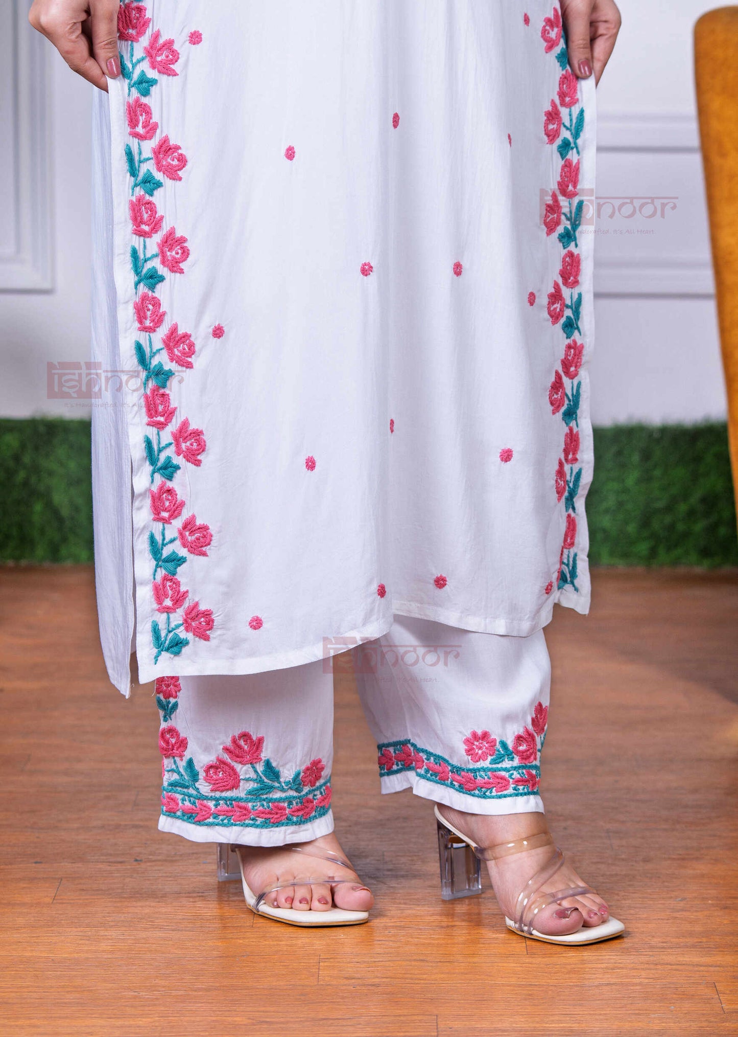 Aayat Modal Multi Color Chikankari Kurta Plazzo Set - white
