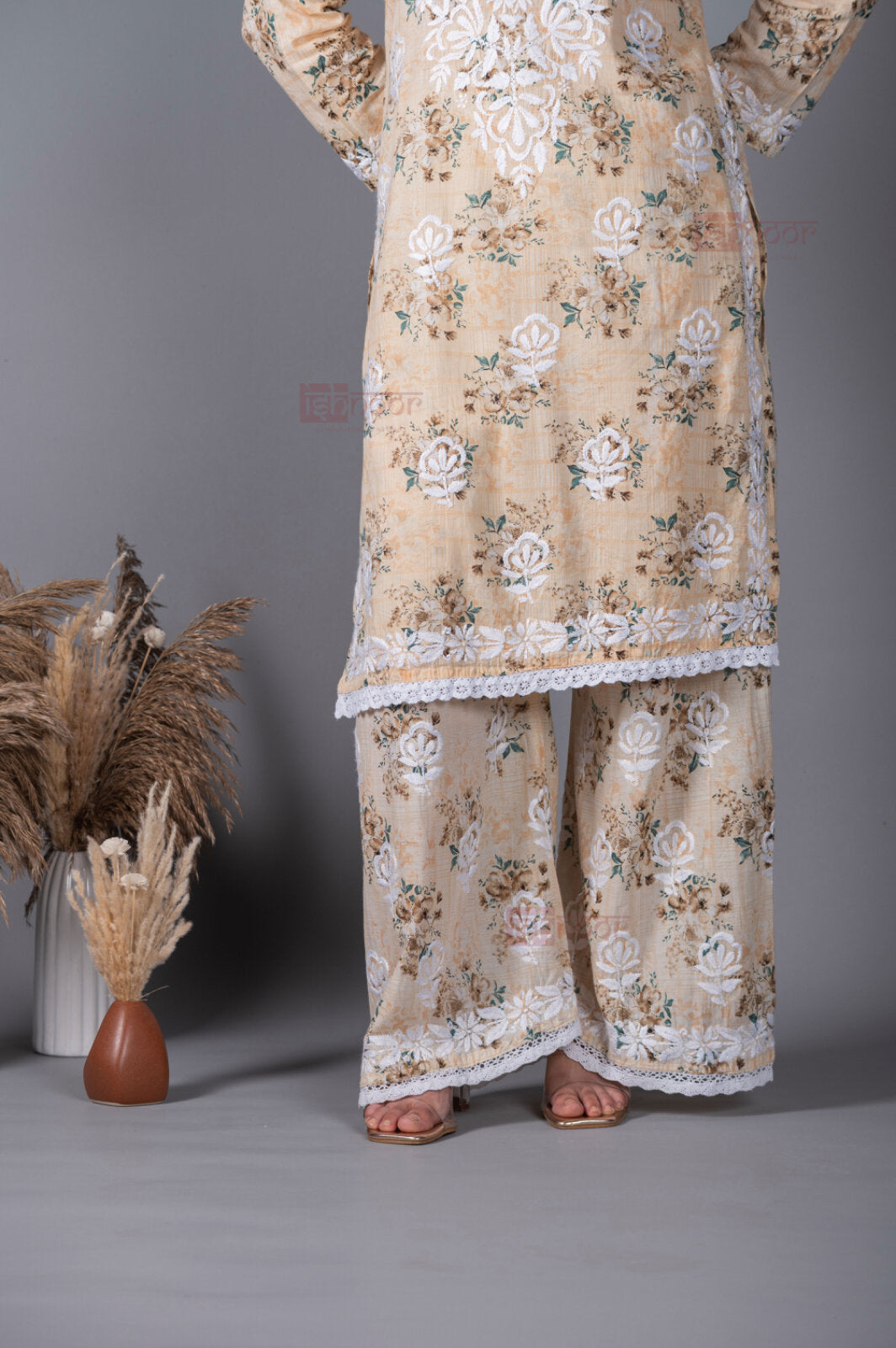 Meher Mul Cotton Chikankari Kurta Palazzo Set - cream