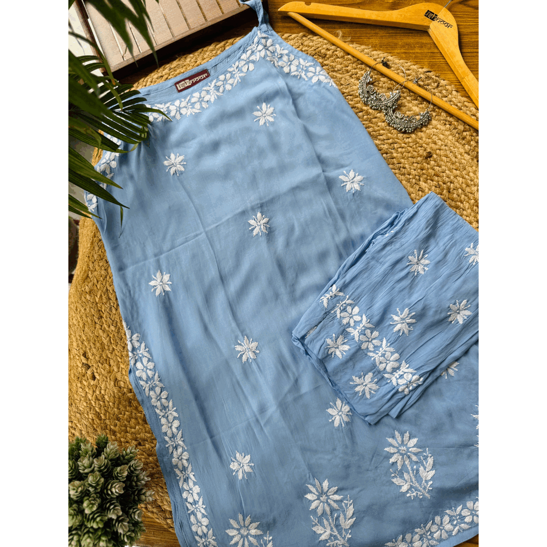 Falak Modal Chikankari Kurti & Pant Co-ord Set - powder-blue