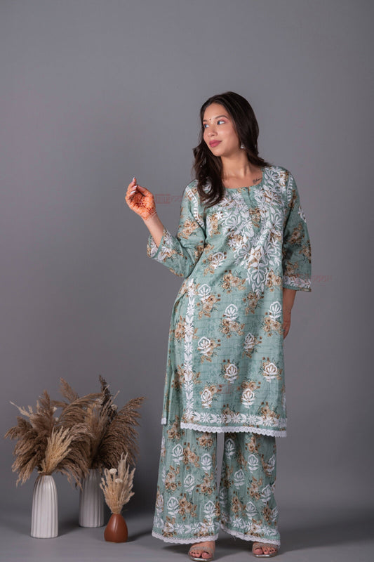 Meher Mul Cotton Chikankari Kurta Palazzo Set - mint-green