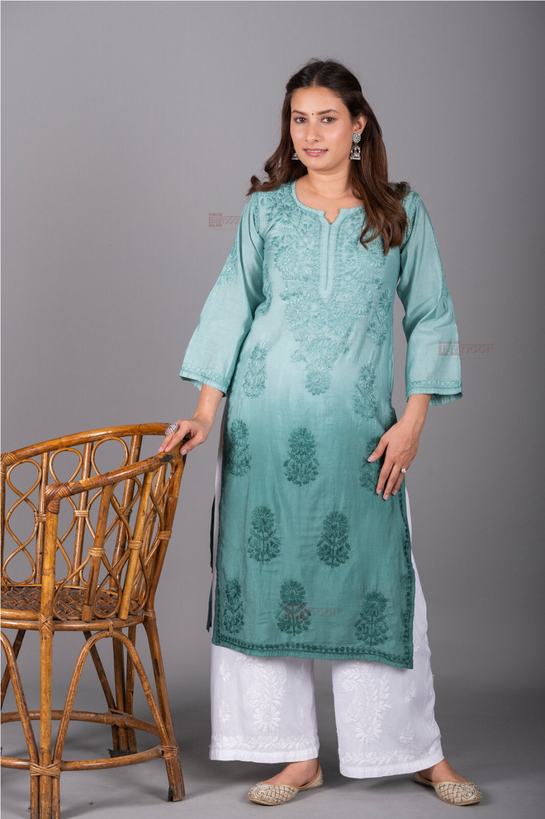 Meher Premium Chanderi Long Chikankari Kurti - mint-green