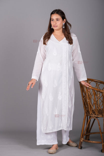 Meher Chanderi Long Chikankari Lace Kurti - white