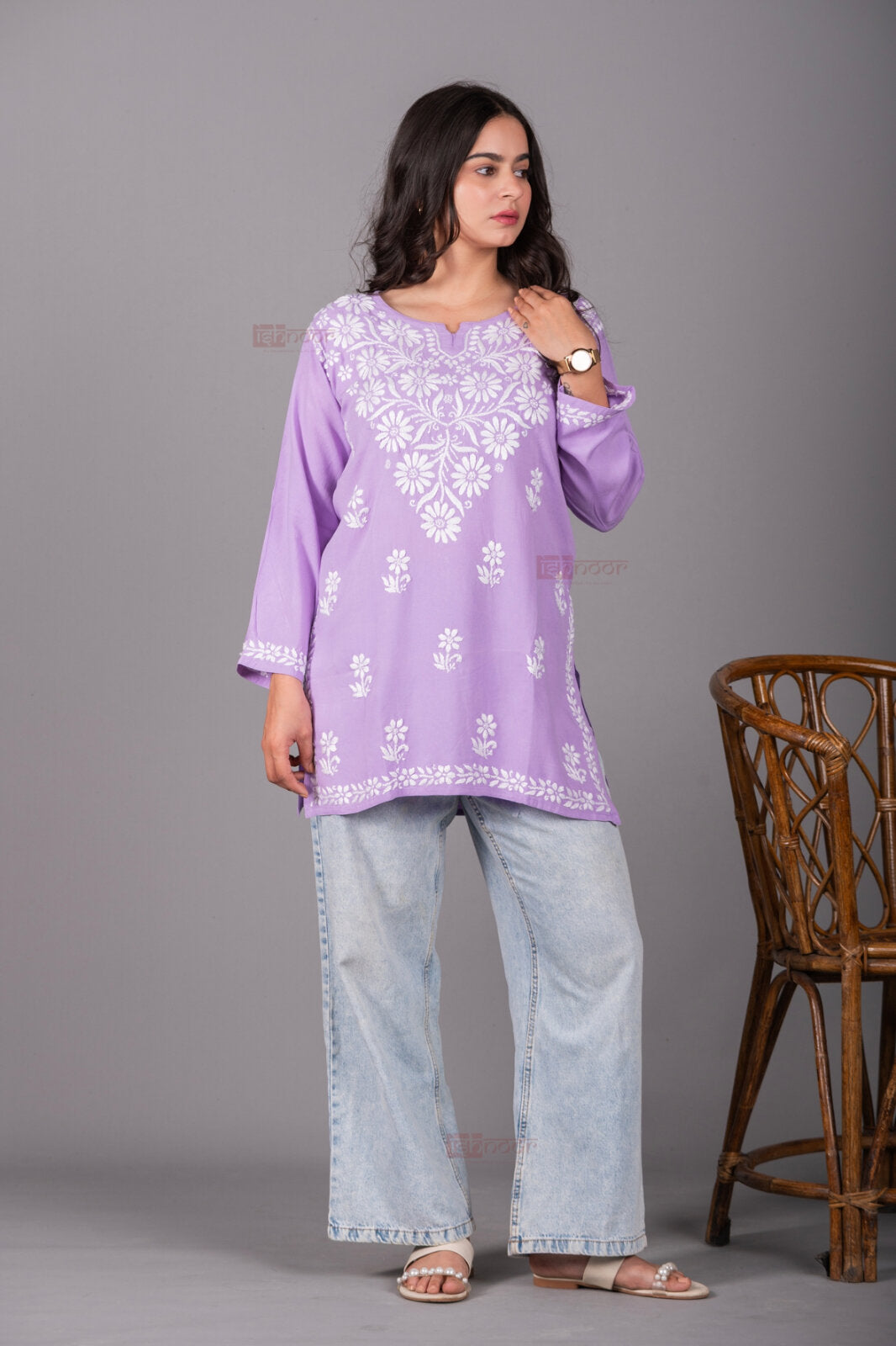 Meher Rayon Short Chikankari Kurti - lavender