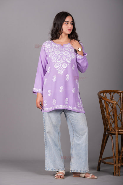 Meher Rayon Short Chikankari Kurti - lavender