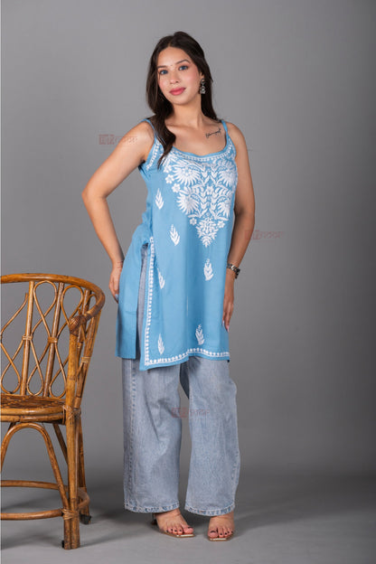 Meher Straight Rayon Chikankari Kurti - powder-blue