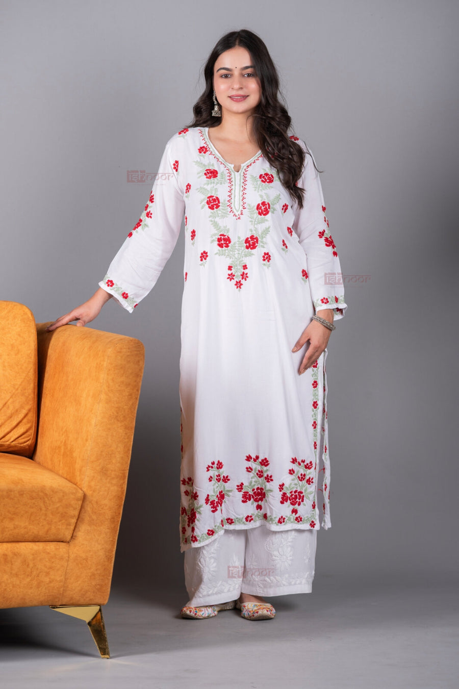 Meher Rayon Long Chikankari Kurti 3 - white