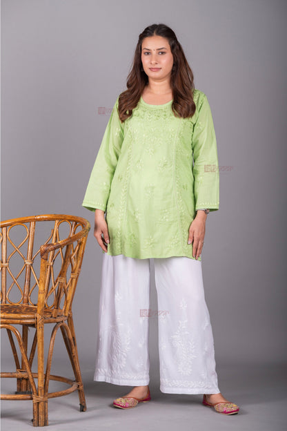 Meher Short Cotton Chikankari Kurti 2 - pistachio-green