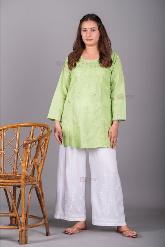 Meher Short Cotton Chikankari Kurti 2 - pistachio-green