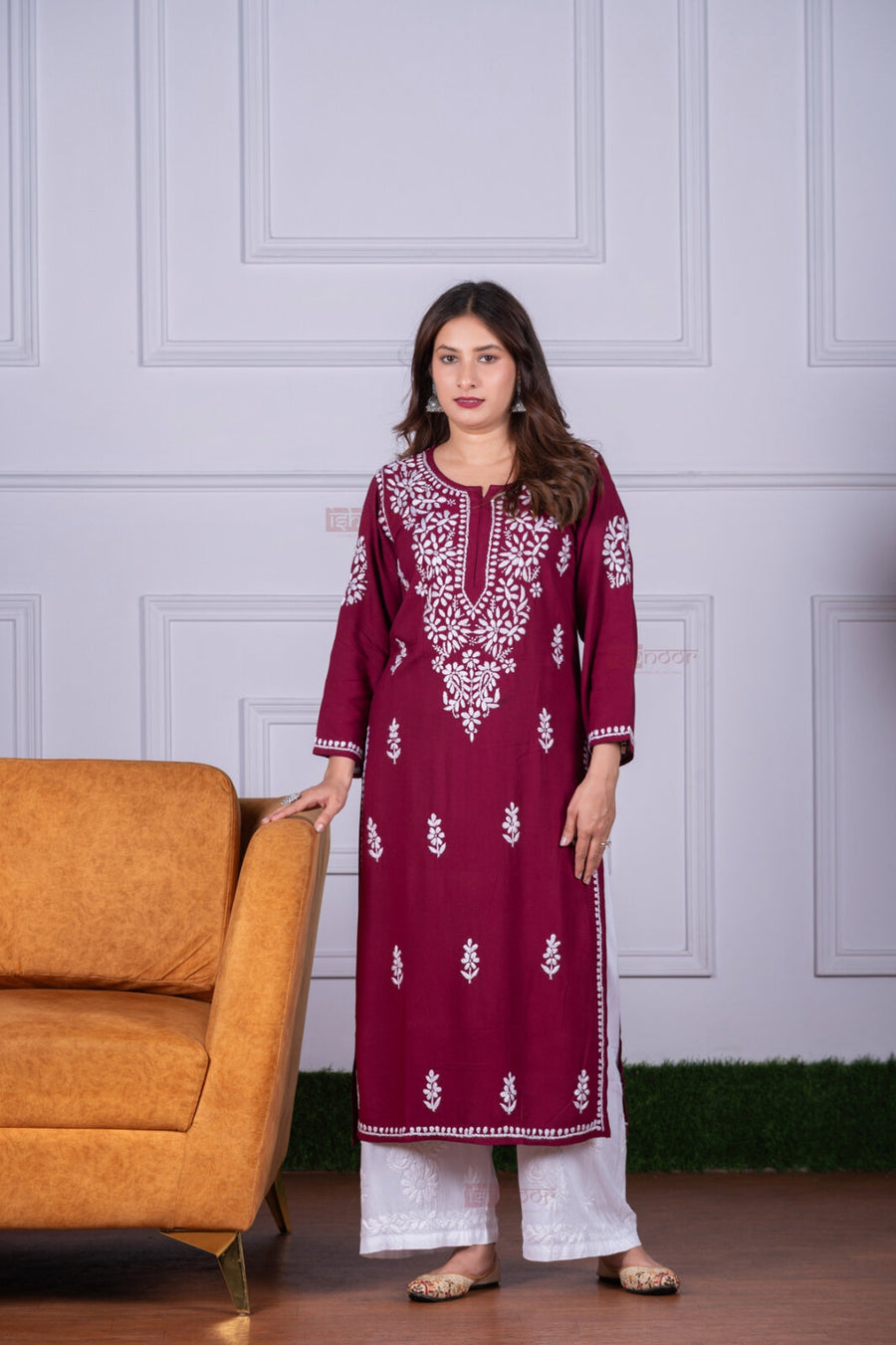 Meher Rayon Long Chikankari Kurti 4 - maroon