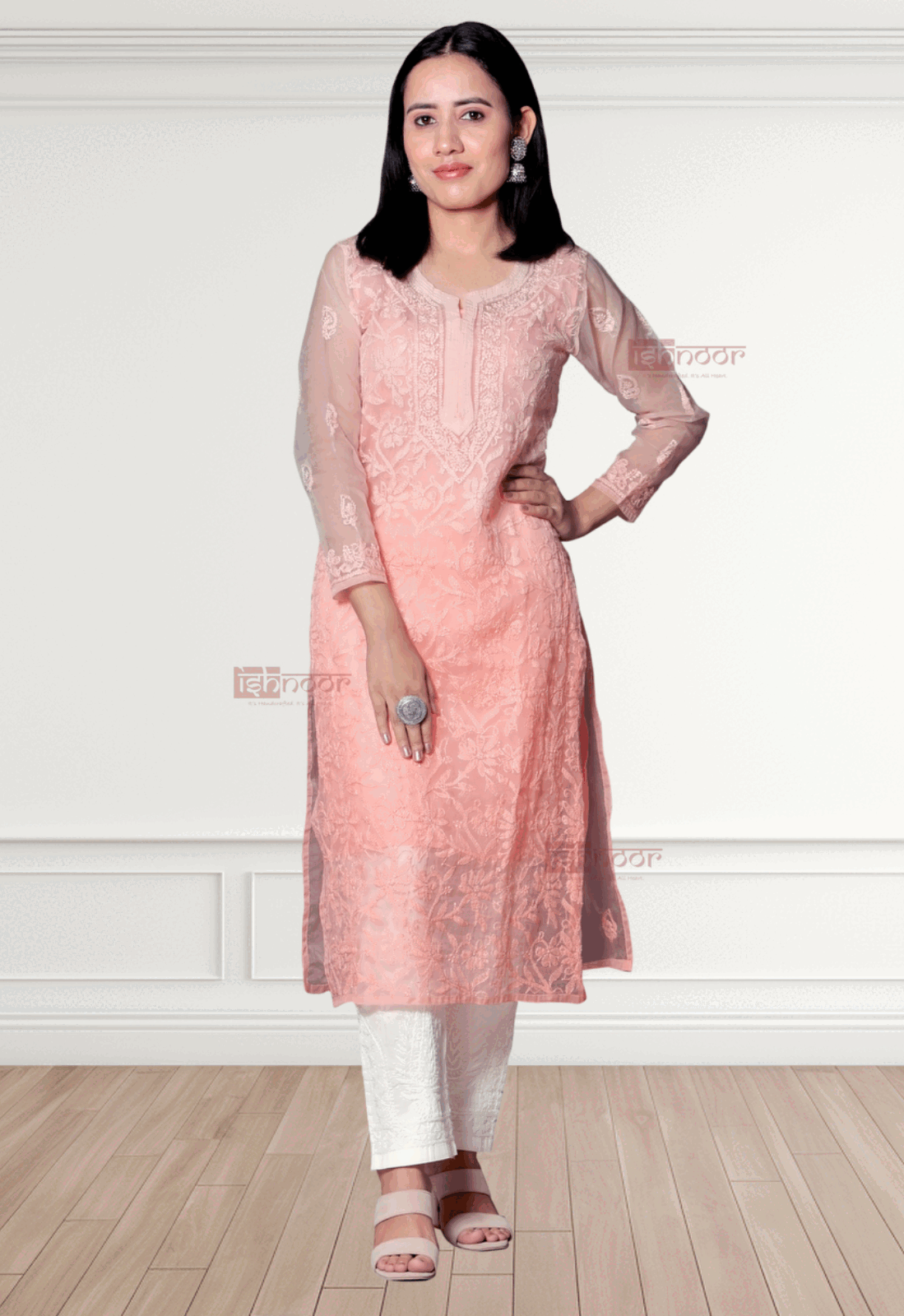 Noor  Premium Organza Long Chikankari Kurti - soft-peach