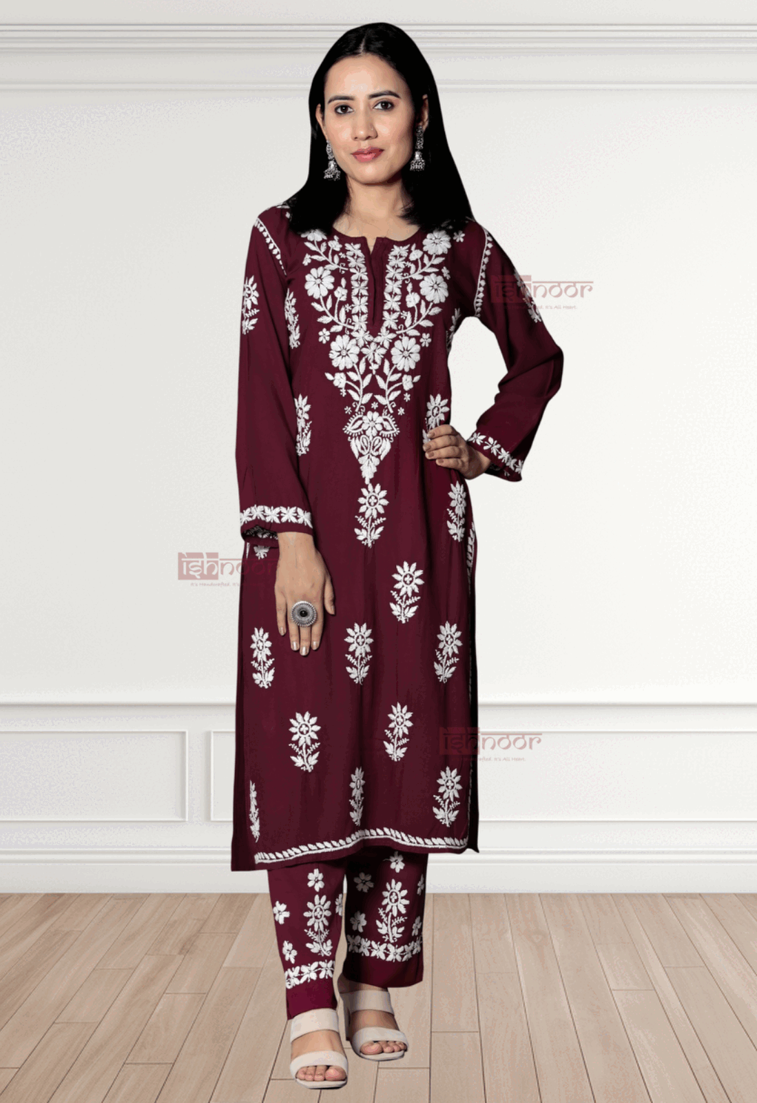 Noor Rayon Chikankari Kurti & Palazzo Set - maroon