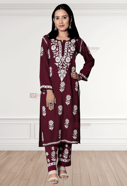 Noor Rayon Chikankari Kurti & Palazzo Set - maroon