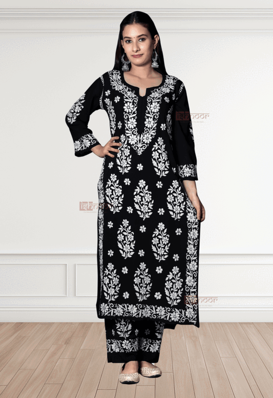 Noor Modal Chikankari Kurti & Palazzo Set - black
