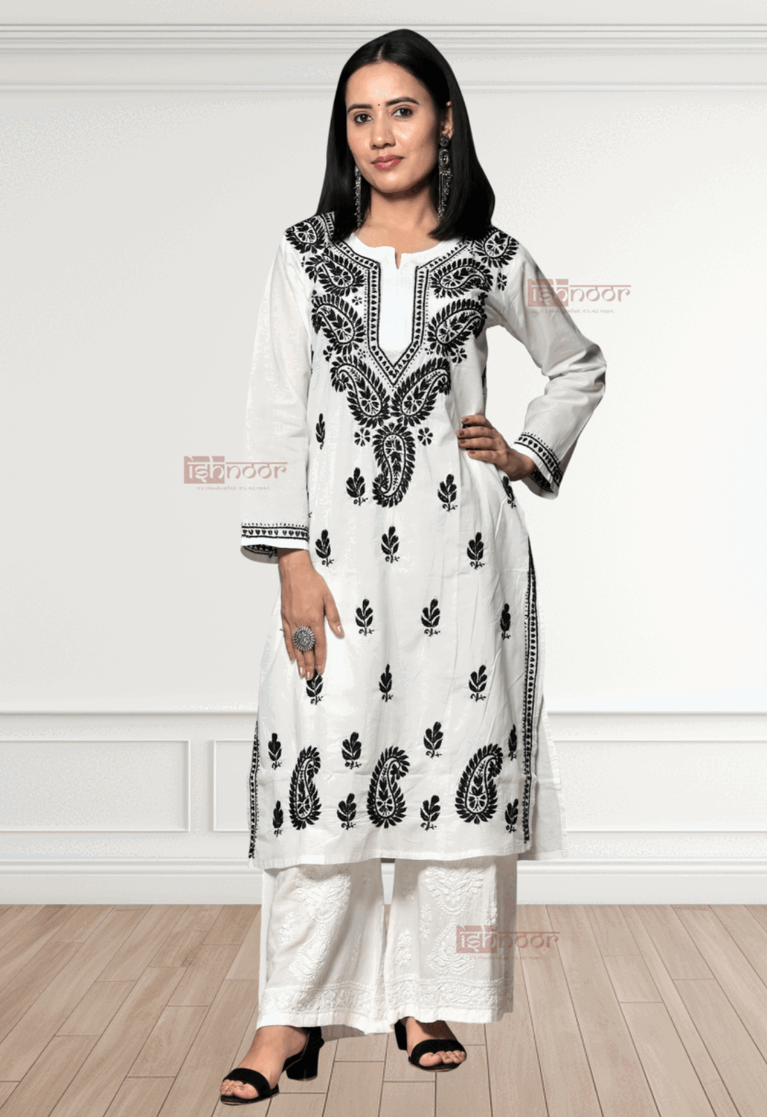 Noor Cotton Long Chikankari Kurti - white