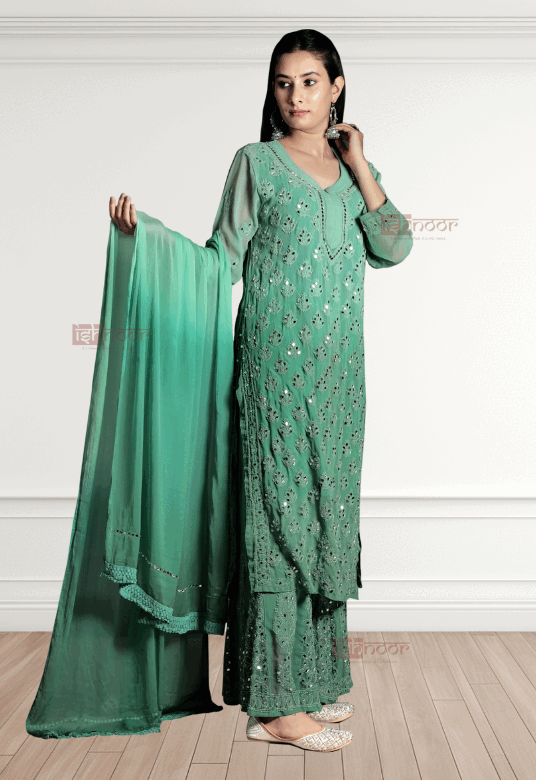 Noor Chikankari Mirror Georgette Kurta Set - mint-green