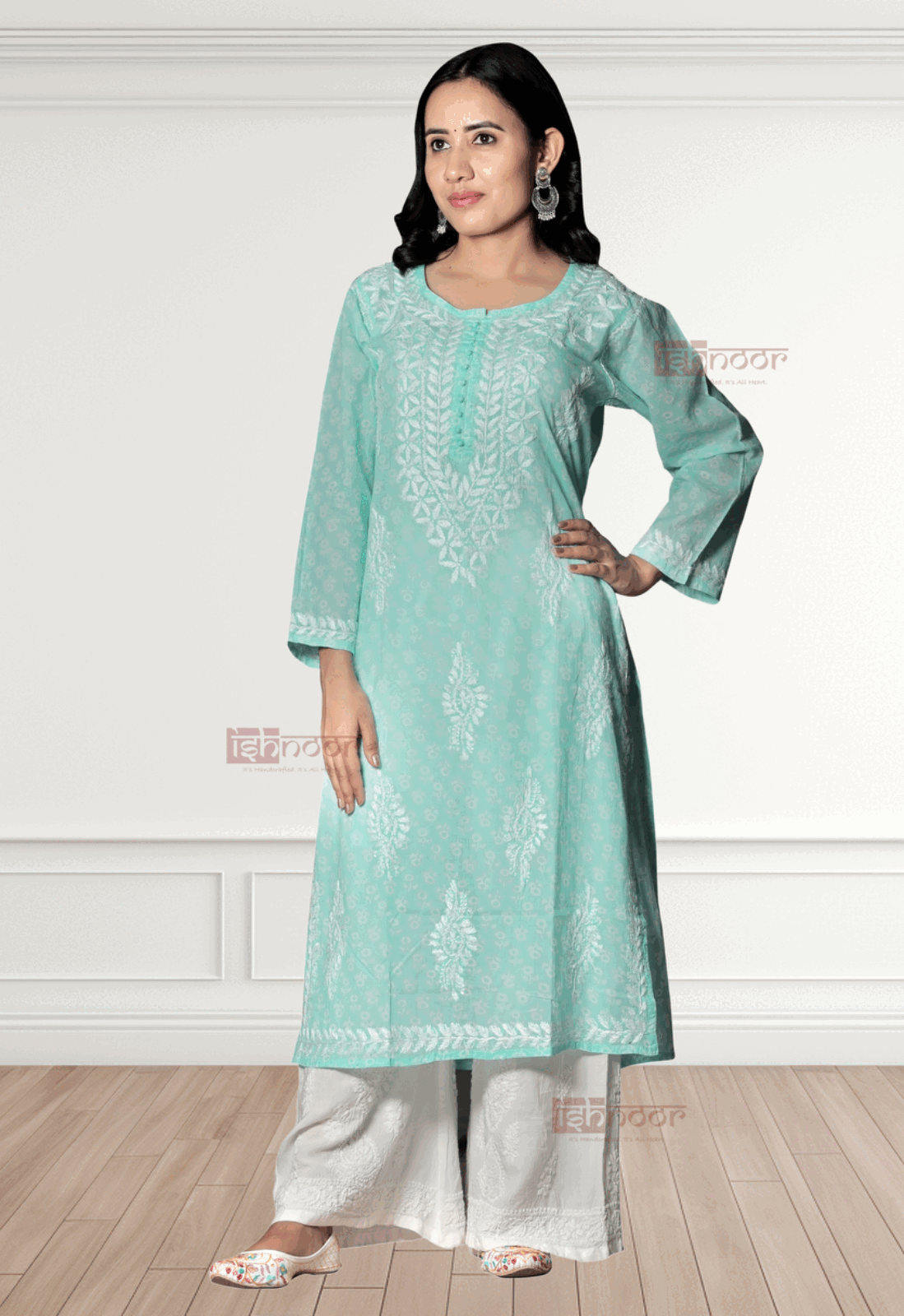 Noor Mul Cotton Long Chikankari Kurti - aqua-blue