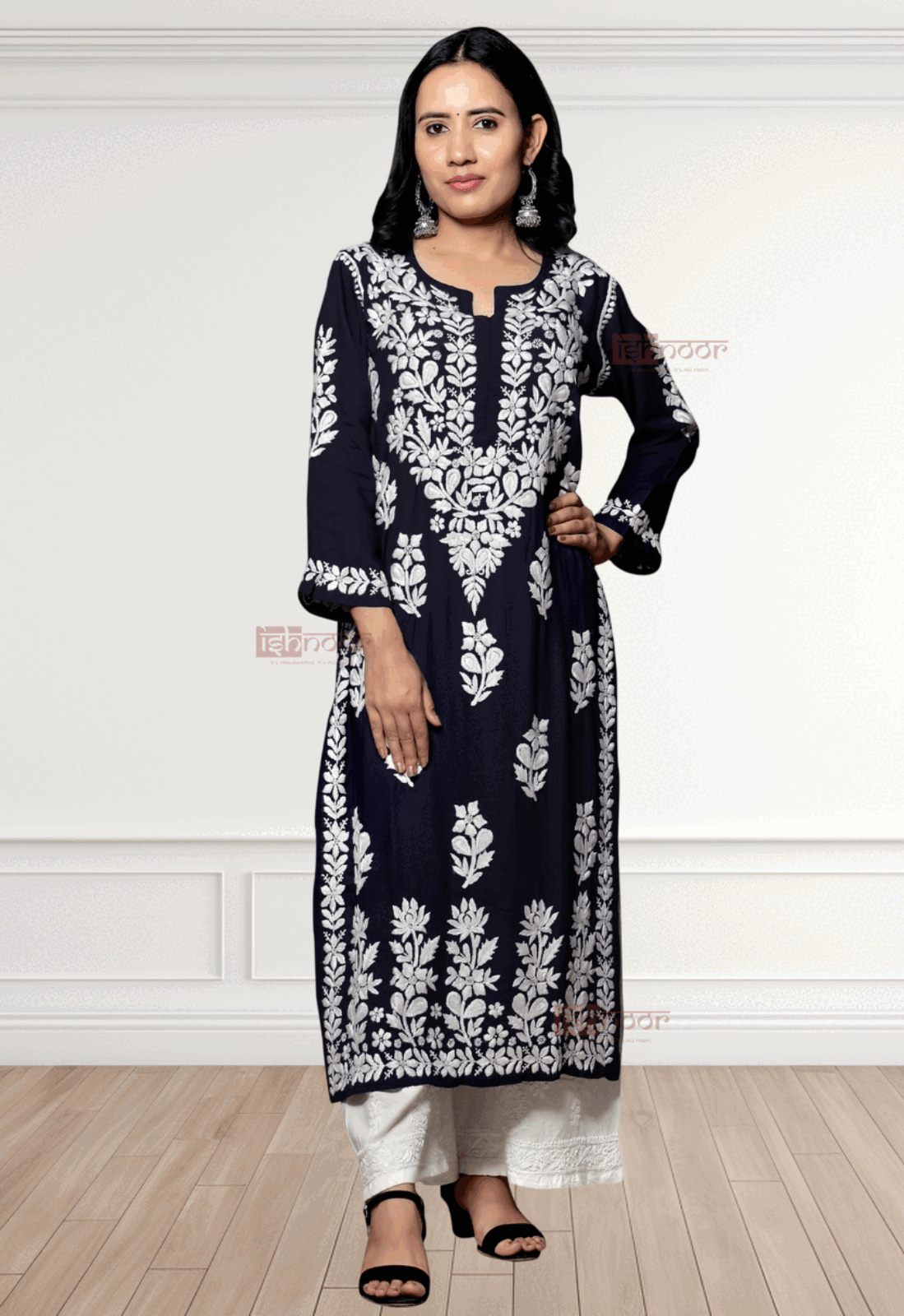 Noor Premium Modal Chikankari Kurti - navy-blue