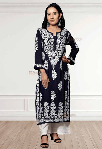 Noor Premium Modal Chikankari Kurti - navy-blue