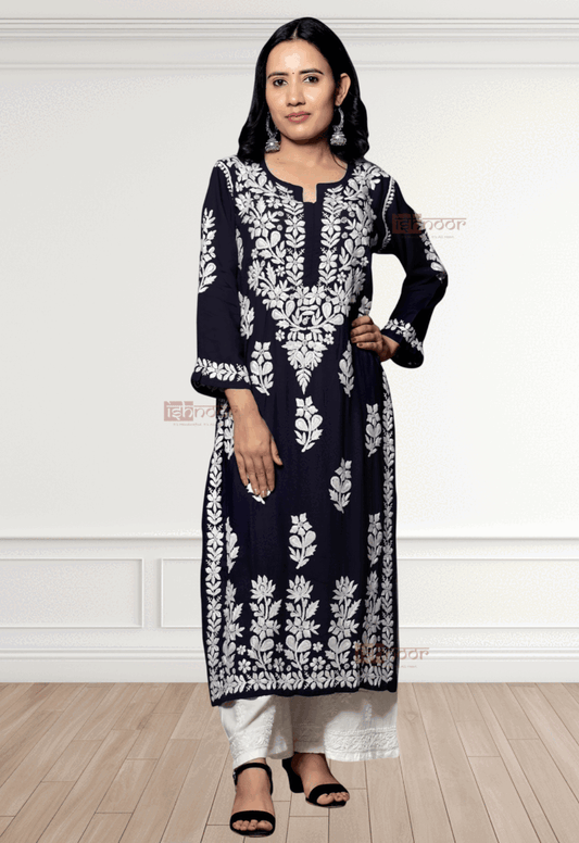 Noor Premium Modal Chikankari Kurti - navy-blue