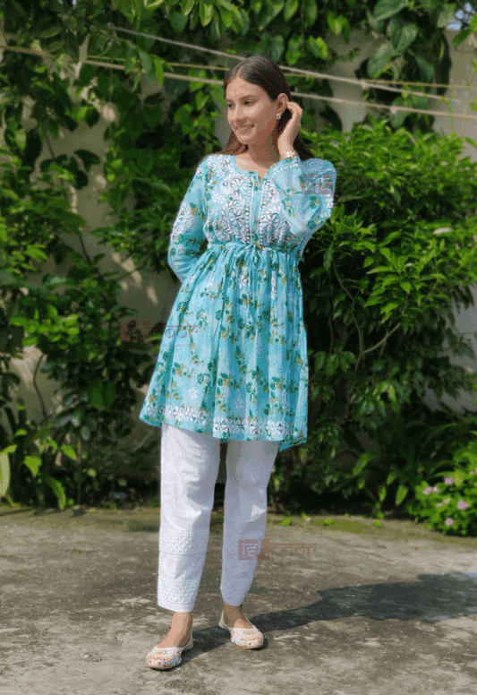 Noor Mul Cotton Short Chikankari Kurti - aqua-blue