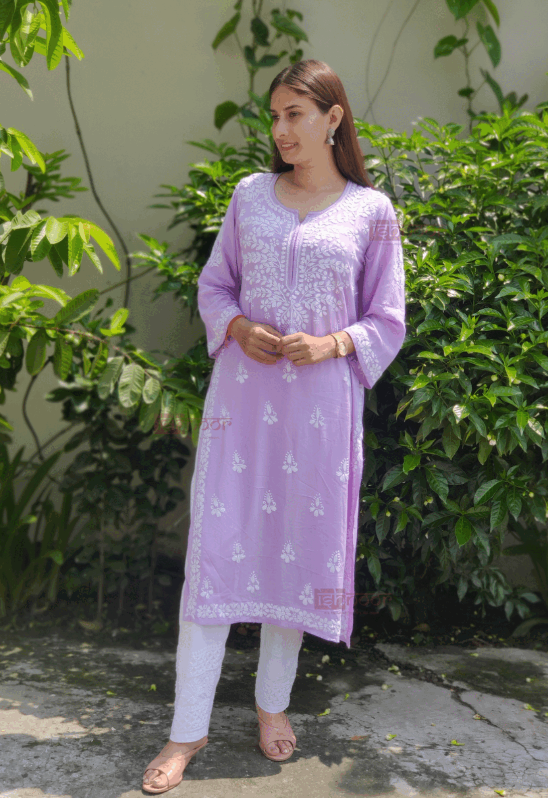 Noor Rayon Long Chikankari Kurti - lavender