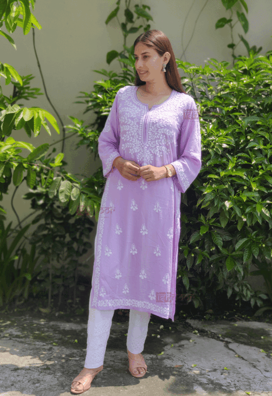 Noor Rayon Long Chikankari Kurti - lavender
