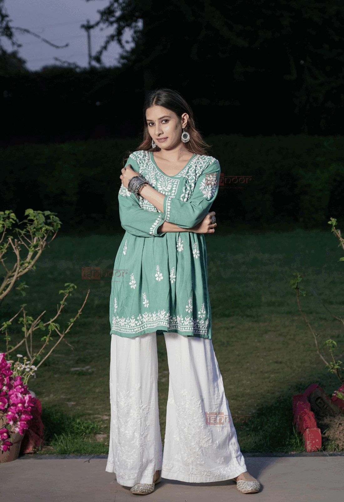 Falak Rayon Chikankari Angrakha Short Kurti 2 - mint-green