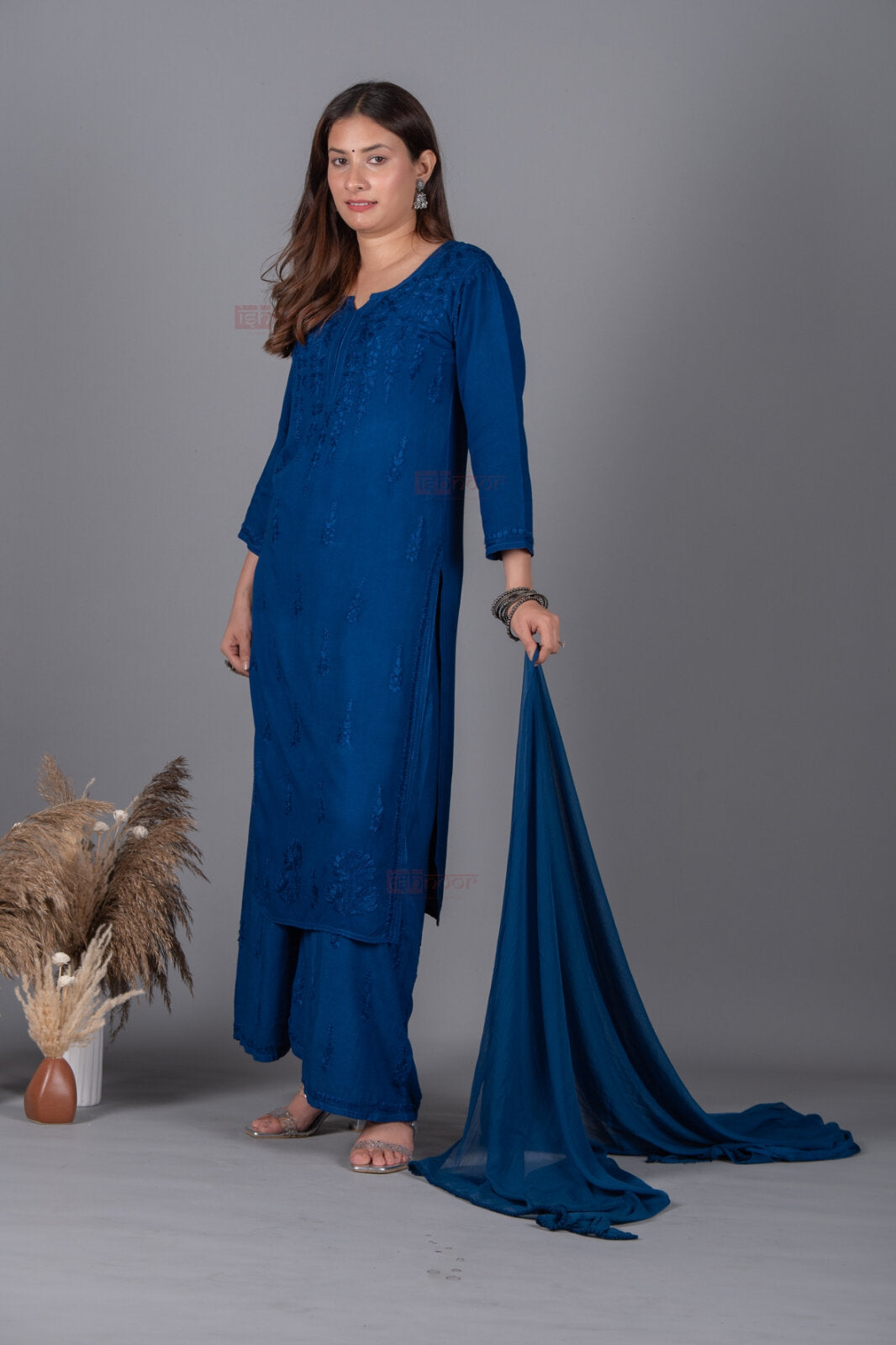 Meher Rayon Chikankari Suit Set - midnight-blue