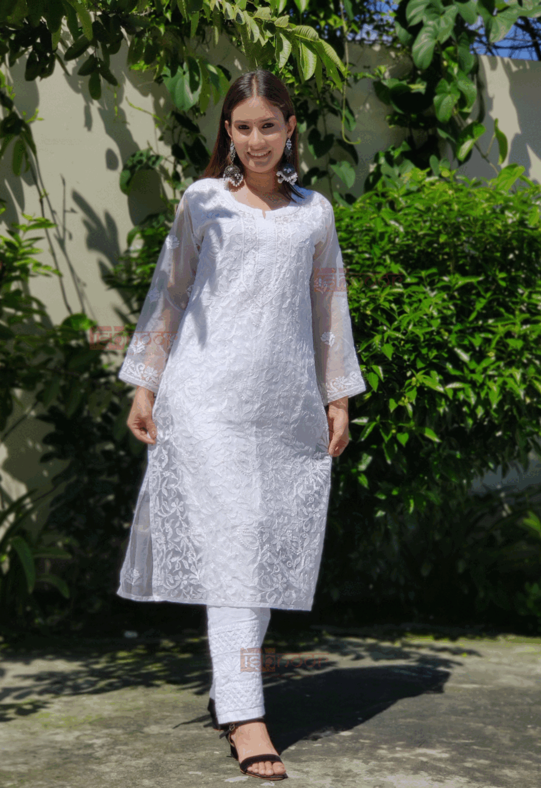 Noor  Premium Organza Long Chikankari Kurti - white