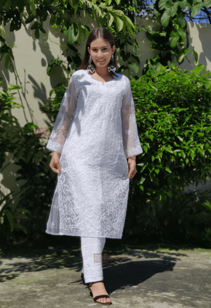 Noor  Premium Organza Long Chikankari Kurti - white