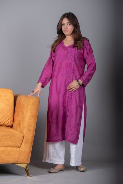 Meher Chanderi Long Chikankari Lace Kurti - violet