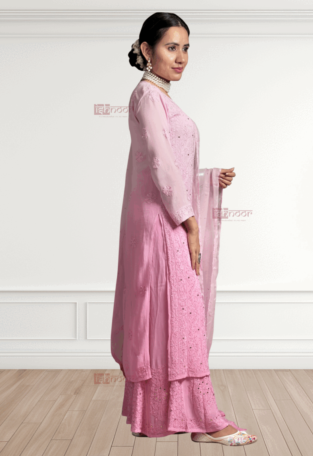 Noor Viscose Chikankari Suit Set with Mukaish Work - blush-pink