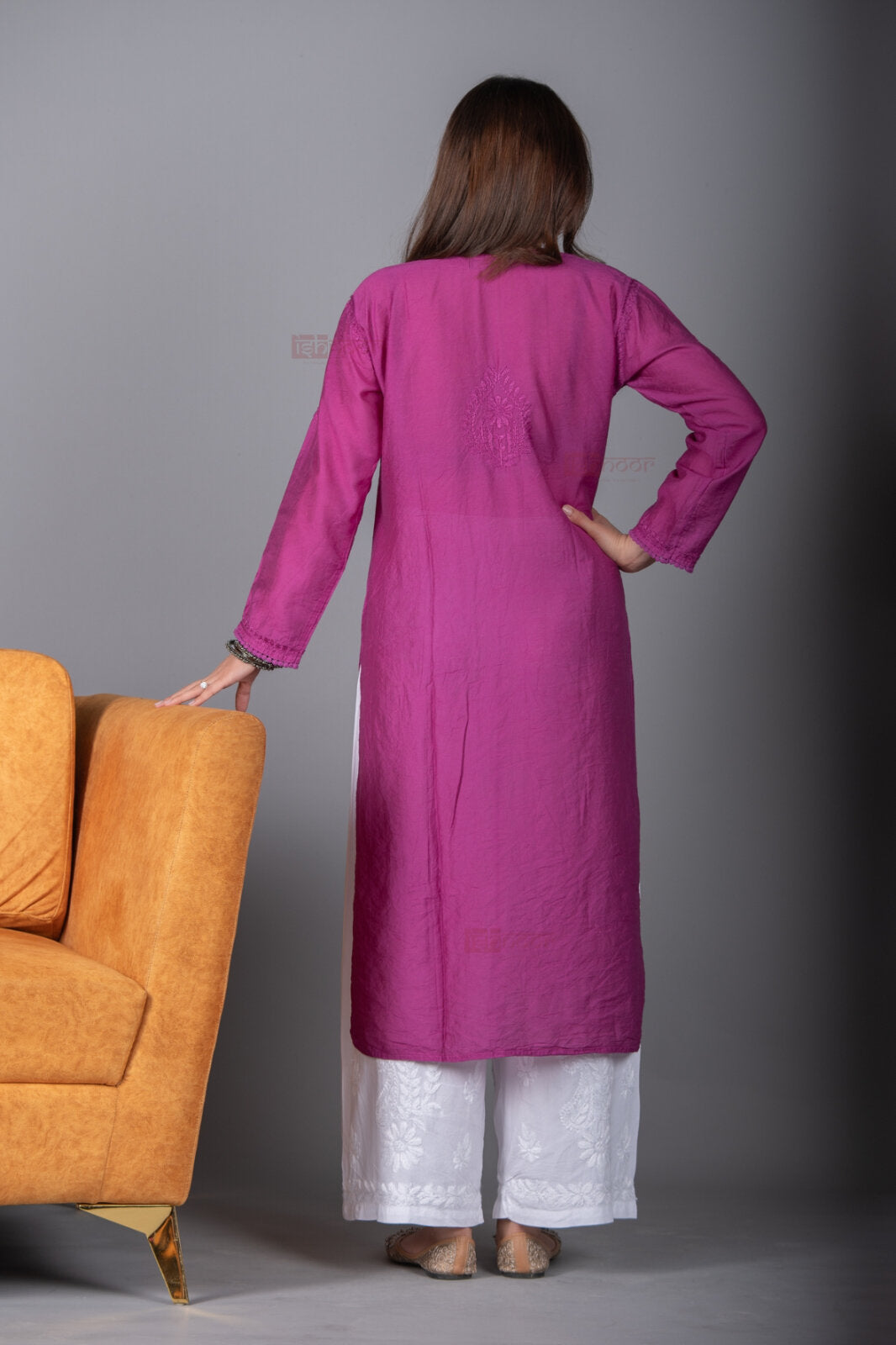 Meher Chanderi Long Chikankari Lace Kurti - violet