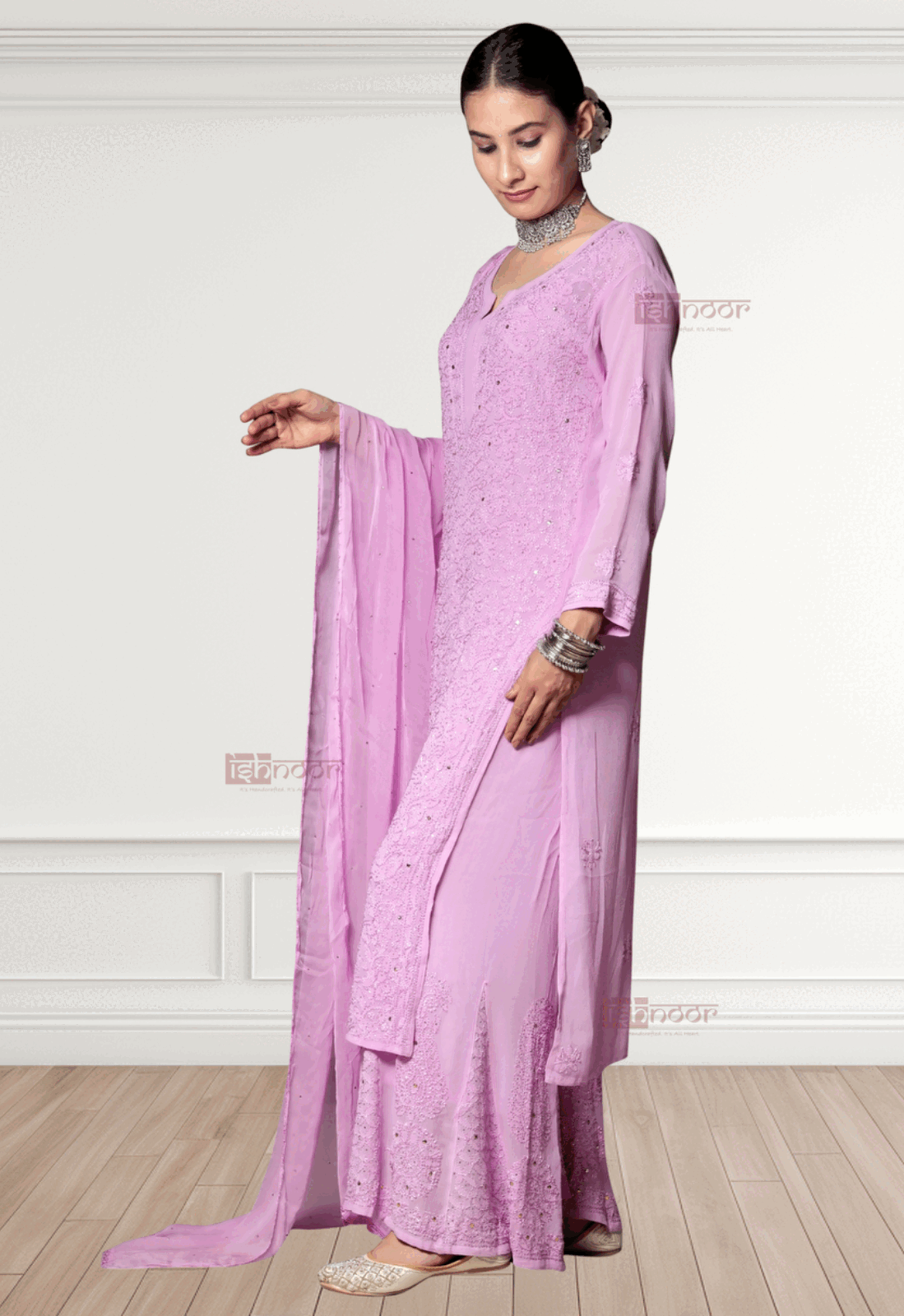 Noor Viscose Chikankari Suit Set with Mukaish Work - lavender