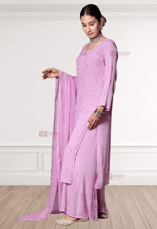 Noor Viscose Chikankari Suit Set with Mukaish Work - lavender