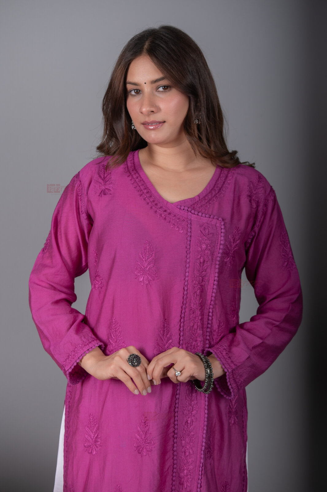 Meher Chanderi Long Chikankari Lace Kurti - violet