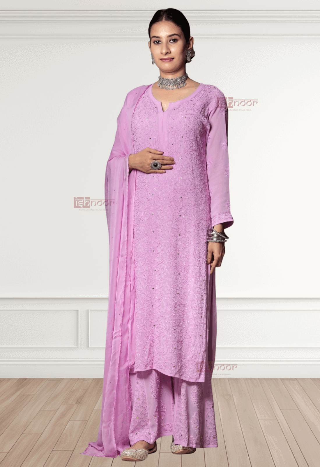 Noor Viscose Chikankari Suit Set with Mukaish Work - lavender