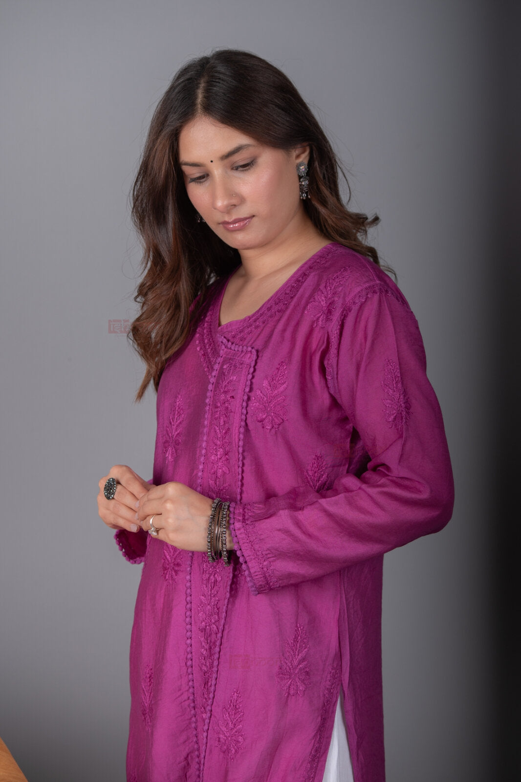 Meher Chanderi Long Chikankari Lace Kurti - violet