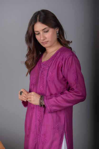 Meher Chanderi Long Chikankari Lace Kurti - violet