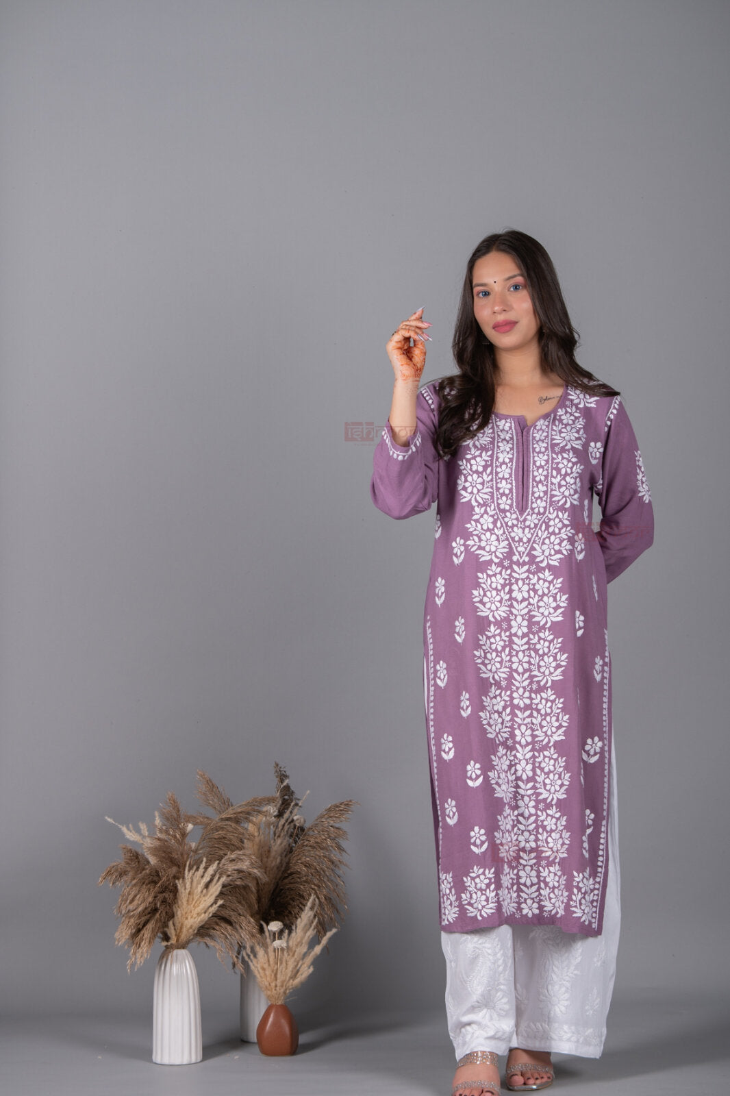 Meher Rayon Long Chikankari Kurti - orchid-purple