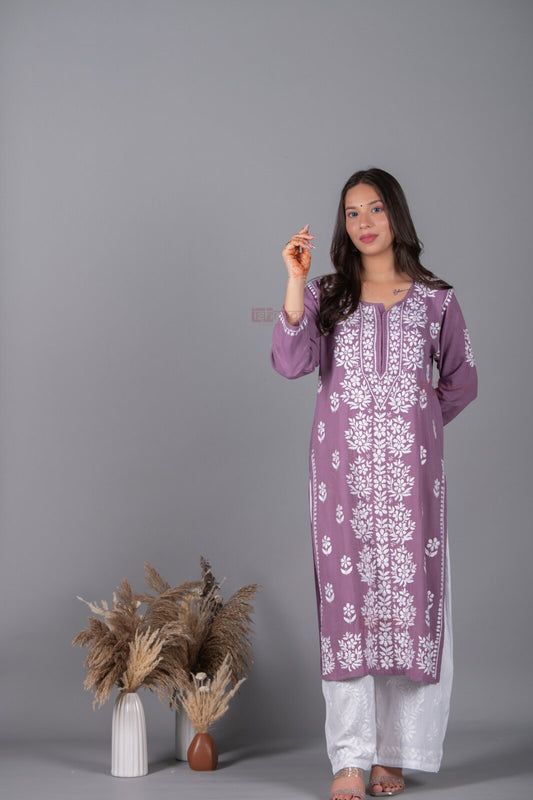 Meher Rayon Long Chikankari Kurti - orchid-purple