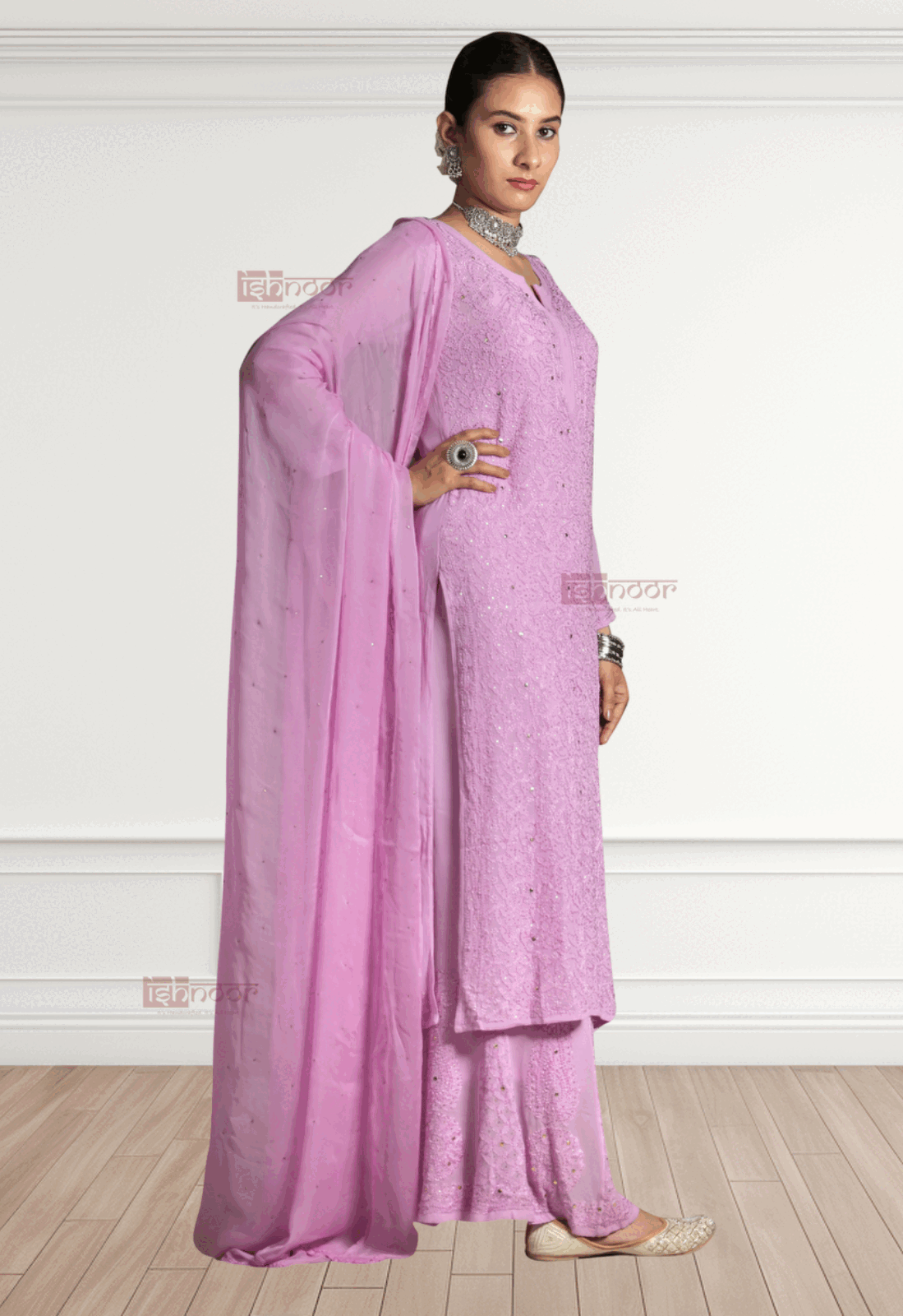 Noor Viscose Chikankari Suit Set with Mukaish Work - lavender