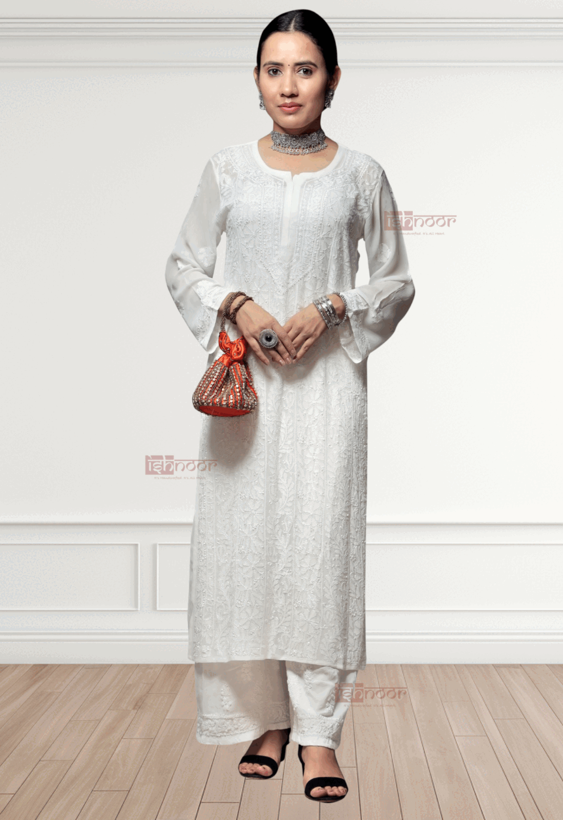 Noor Premium Viscose Straight Chikankari Kurti - white