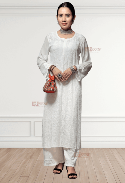 Noor Premium Viscose Straight Chikankari Kurti - white