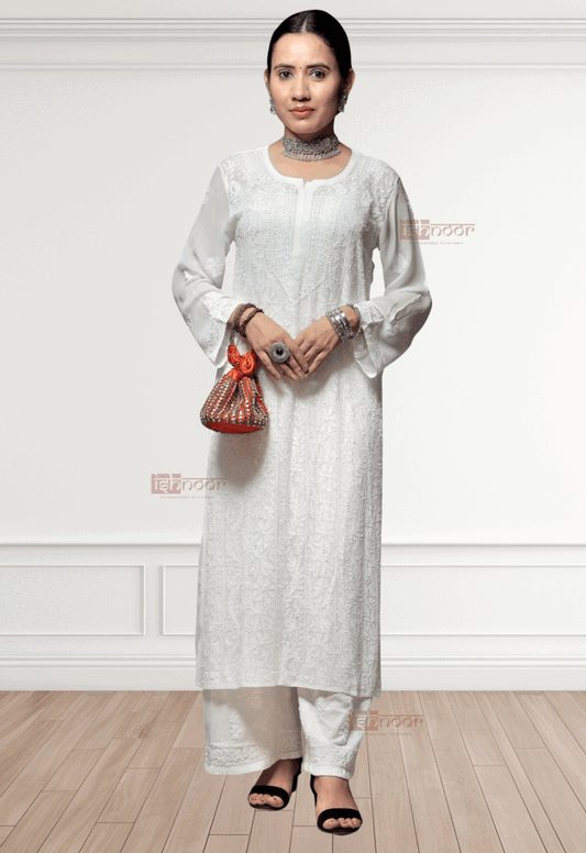 Noor Premium Viscose Straight Chikankari Kurti - white