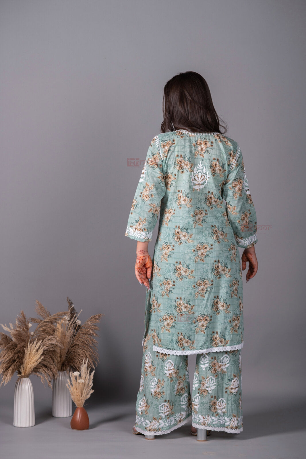 Meher Mul Cotton Chikankari Kurta Palazzo Set - mint-green
